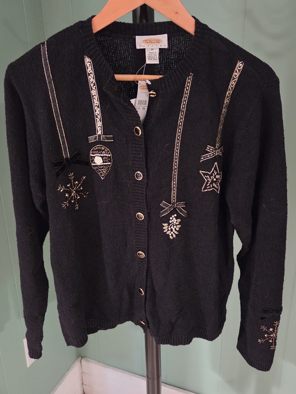 NWT Talbots Black Embroidered Ornament Cardigan with Metallic Accents, PM